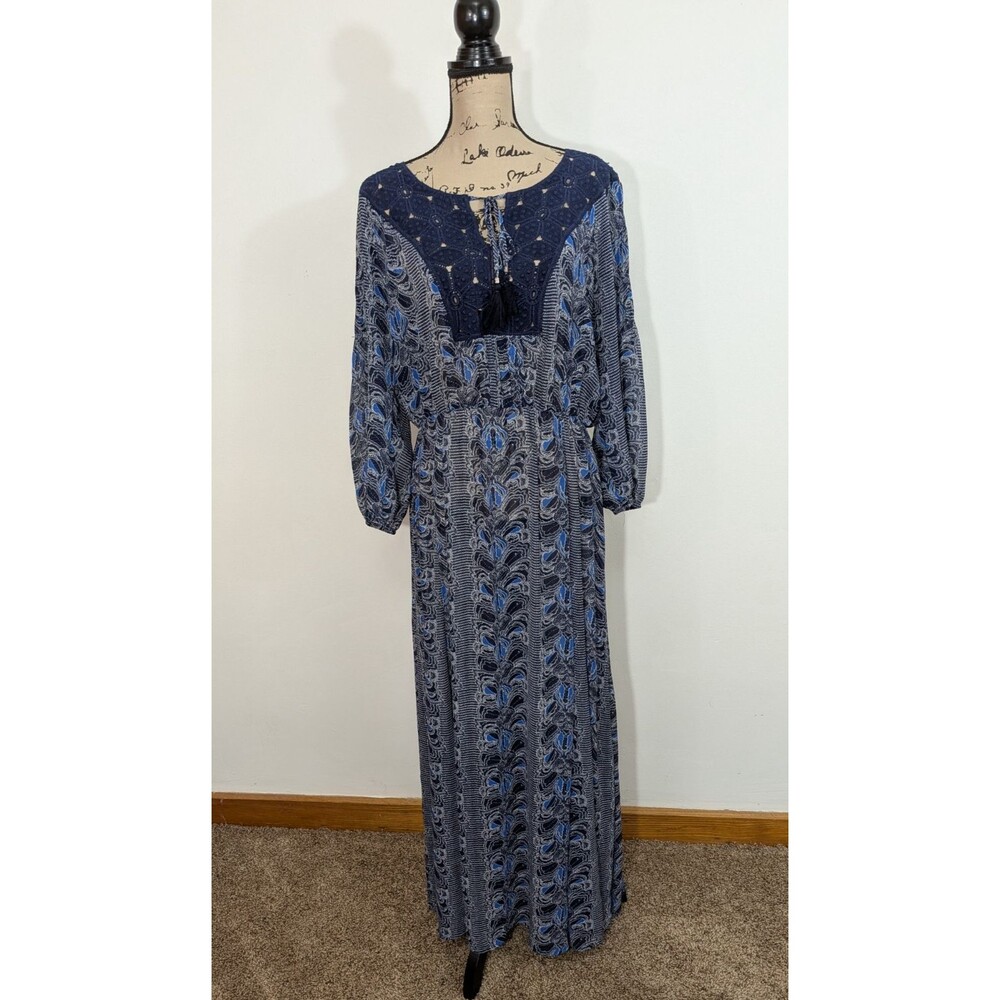 DR2 Dress Womens Blue Boho Maxi Tassel Crochet Festival Dress Swim Cover Up L